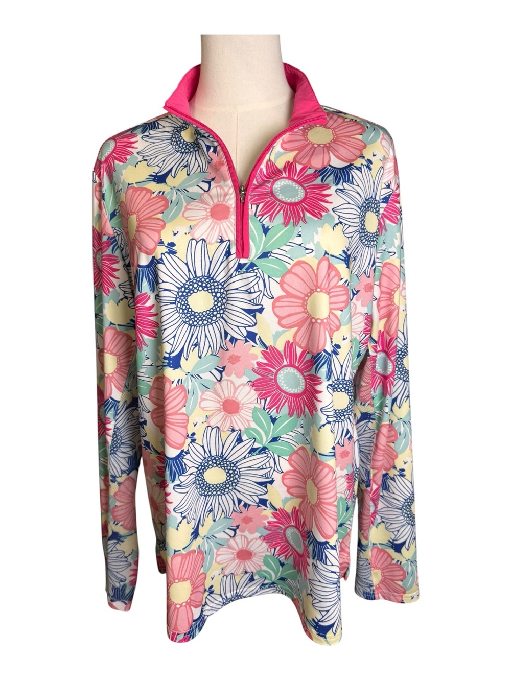 SanSoleil UV 50+ Cooling Long Sleeve Mock Golf Top Pink Daisy Floral XL EUC